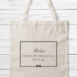 Personalised Classic Bowtie Father of the Groom Tote Bag<br><div class="desc">Honour the father of the groom with this timeless, customisable tote bag. Featuring an elegant black-and-white design, it showcases his name, title, and wedding date, all framed by a sophisticated border and a classic bow illustration. Perfect for holding day-of essentials, this tote is both practical and stylish, effortlessly complementing any...</div>