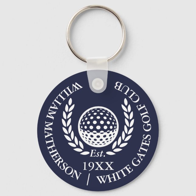 Personalised Classic Golf Club Name Navy Blue Key Ring (Front)