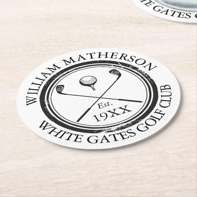 Personalised Classic Golf Club Name Round Paper Coaster (Angled)
