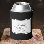 Personalised Classic Masculine Bowtie Groomsman Can Cooler<br><div class="desc">This sleek, custom can cooler will keep your groomsman’s drink chilled in style. Featuring a sophisticated black-and-white design, it can be personalised with a name, role, and wedding date for a unique, memorable gift. The refined aesthetic effortlessly complements any wedding theme, whether modern or traditional. This cooler can add a...</div>