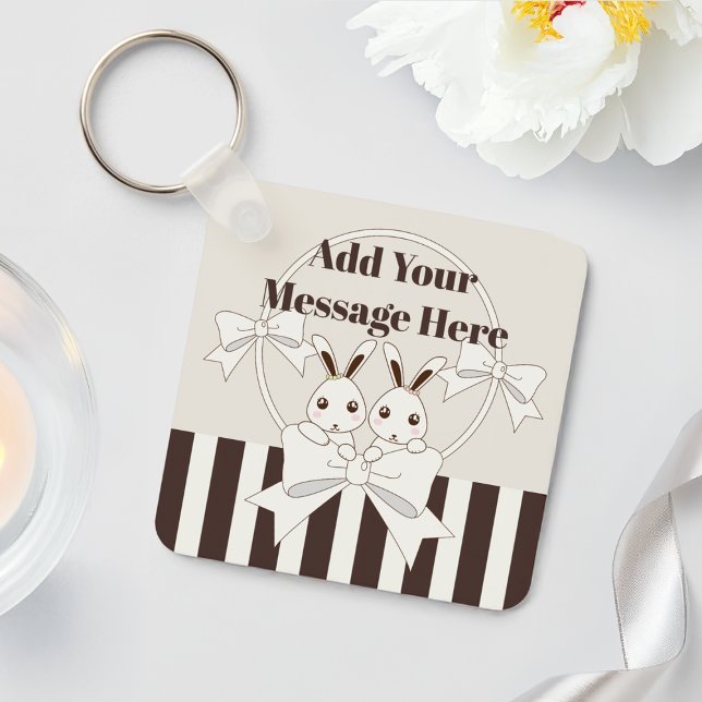 Personalised Classic Modern Stripe Cute Twin Bunny Key Ring (Creator Uploaded)