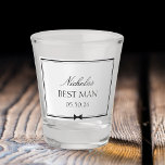 Personalised Classic Simple Bowtie Best Man Shot Glass<br><div class="desc">This sleek and elegant personalised shot glass is the perfect way to celebrate your Best Man! Featuring a classic design with a stylish bowtie icon, customisable name, and wedding date, it’s a sophisticated keepsake for your wedding party. Ideal for the bachelor party, rehearsal dinner, or wedding day, this shot glass...</div>