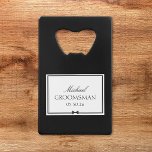 Personalised Classic Simple Bowtie Groomsman<br><div class="desc">Celebrate your groomsman with this sleek, personalised bottle opener. Featuring a classic black-and-white design, this opener can be customised with a name, role, and wedding date, making it a unique and practical gift. Its compact, credit card-sized shape slips easily into a pocket, perfect for toasts and celebrations throughout the wedding...</div>