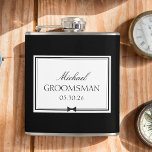 Personalised Classic Simple Bowtie Groomsman Hip Flask<br><div class="desc">Toast to the groomsman in style with this sleek, personalised flask. Designed with a classic black-and-white aesthetic, this flask can be customised with his name, role, and wedding date, making it a standout gift he'll appreciate. Perfect for pre-wedding celebrations or as a memorable keepsake, this flask adds a refined touch...</div>