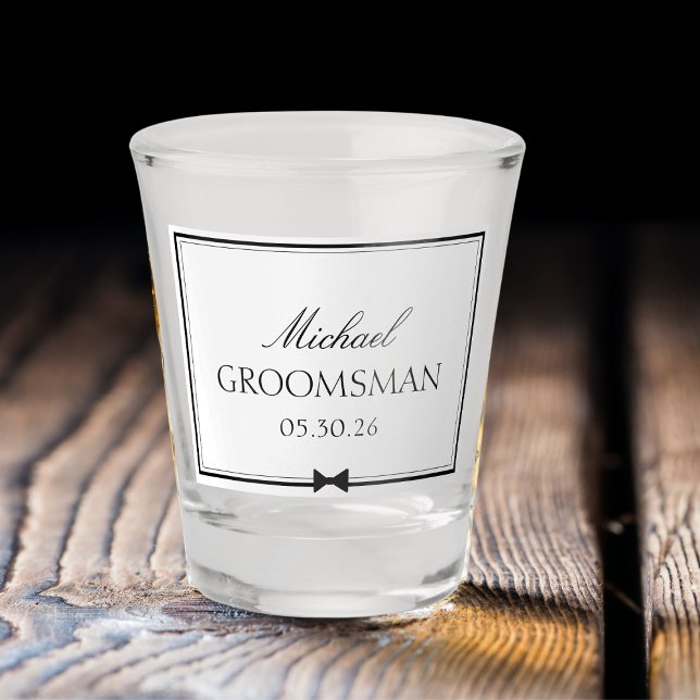 Personalised Classic Simple Bowtie Groomsman Shot Glass (Elevate your celebration with this custom groomsman shot glass – a timeless keepsake for your day.)