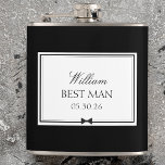 Personalised Classic Simple Bowtie Modern Best Man Hip Flask<br><div class="desc">Toast to the best man in style with this sleek, personalised flask. Featuring a classic black-and-white design, this flask can be customised with his name, role, and the wedding date, making it a unique and thoughtful gift. This flask is perfect for pre-wedding celebrations or as a lasting keepsake, adding a...</div>