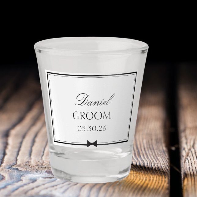 Personalised Classic Wedding Simple Bowtie Groom Shot Glass (Kick off wedding vibes with this personalized shot glass! Perfect for a groom gift for the big day.)