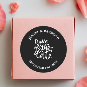 Personalised Clean Black Wedding Save the date Classic Round Sticker