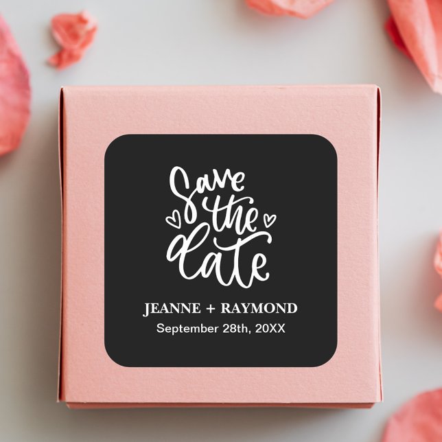 Personalised Clean Black Wedding Save the date Square Sticker (Creator Uploaded)