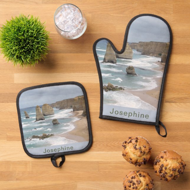 Personalised Cliffs Ocean Waves Oven Mitt & Pot Holder Set (Top Down)