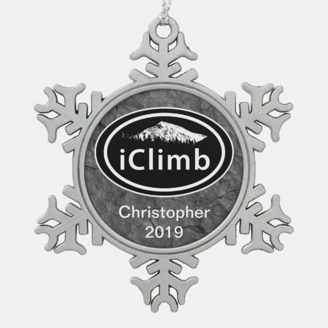 Personalised Climbing iClimb Mountain Christmas Snowflake Pewter Christmas Ornament (Front)