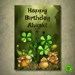 Personalised Clovers n Leprechaun Gnomes Birthday Card