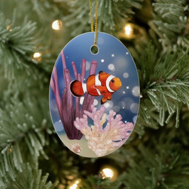 Personalised Clown Fish Coral Reef Ocean Christmas Ceramic Ornament (Tree)