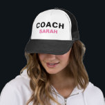Personalised Coach Pink Black Bold Text Cap Hat<br><div class="desc">Security Cap Hat with Pink & Black Bold Text. Ideal for many Sports including gymnast athletics,  tennis,  netball,  swimming,  soccer,  ice hockey,  football,  table tennis,  volleyball,  basketball,  hockey,  gymnastics,  baseball,  wrestling,  volleyball and softball.</div>