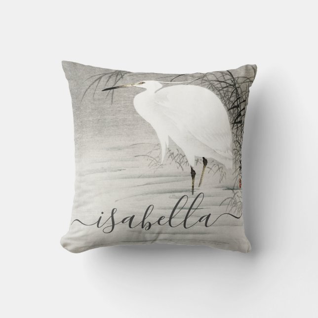 Personalised Coastal Egret Bird Cushion (Front)