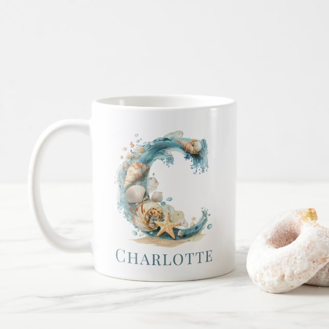 Personalised Coastal Monogram C Initial Beach Coffee Mug (With Donut)