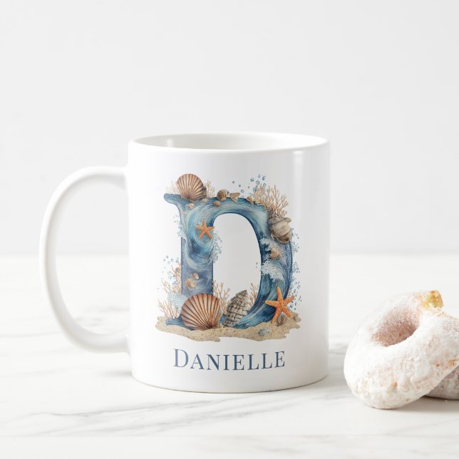 Personalised Coastal Monogram D Initial Beach Coffee Mug (With Donut)