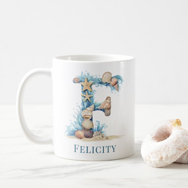 Personalised Coastal Monogram F Initial Beach Coffee Mug (With Donut)