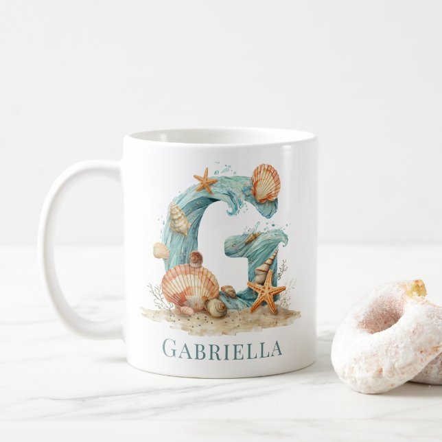 Personalised Coastal Monogram G Initial Beach Coffee Mug (With Donut)