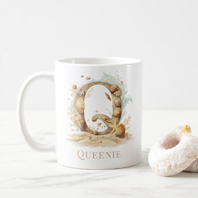 Personalised Coastal Monogram Q Initial Beach Coffee Mug (With Donut)