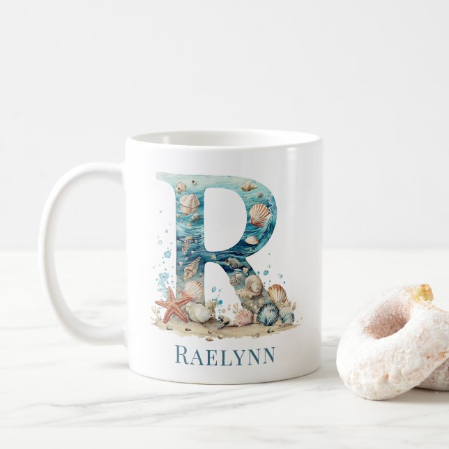 Personalised Coastal Monogram R Initial Beach Coffee Mug (With Donut)