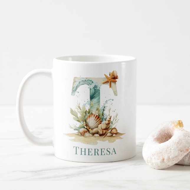 Personalised Coastal Monogram T Initial Beach Coffee Mug (With Donut)