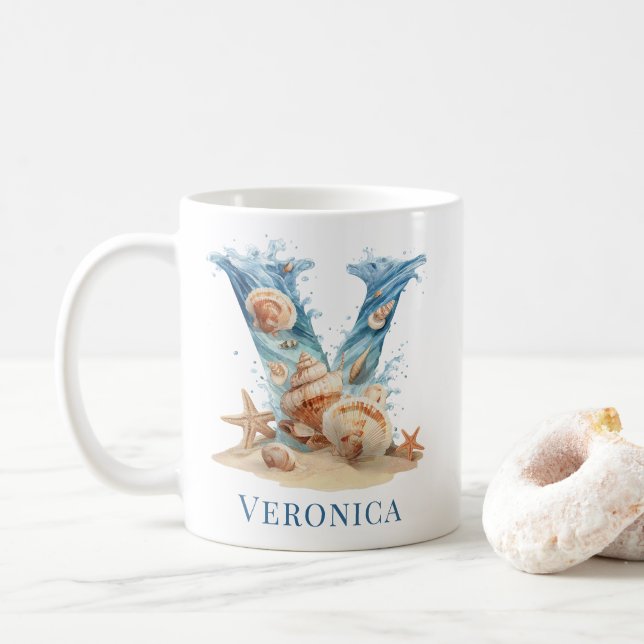 Personalised Coastal Monogram V Initial Beach Coffee Mug (With Donut)