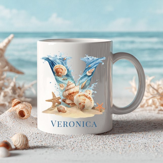 Personalised Coastal Monogram V Initial Beach Coffee Mug (Personalized Coastal Monogram V Initial Beach Coffee Mug)