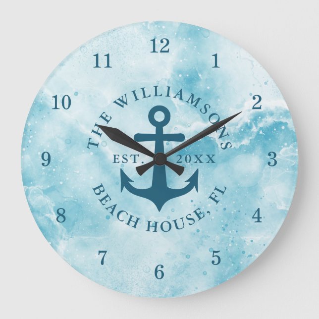 Personalised Coastal Teal Blue Aqua Beach House Large Clock (Front)