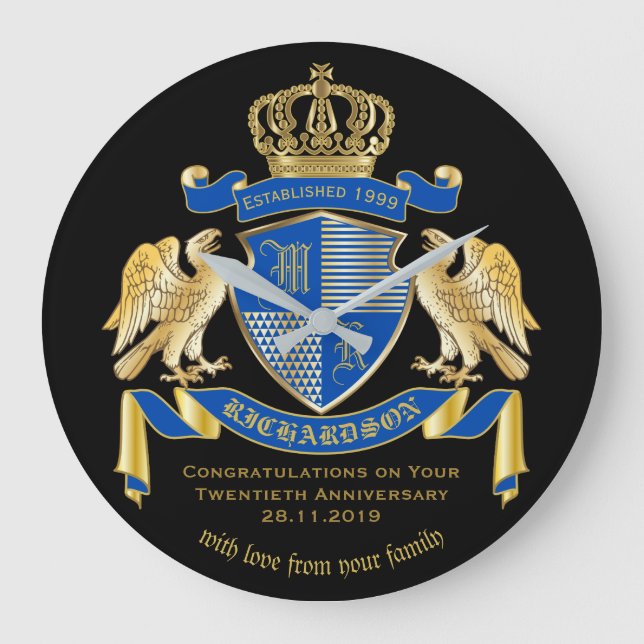 Personalised Coat of Arms Blue Gold Eagle Emblem Large Clock (Front)