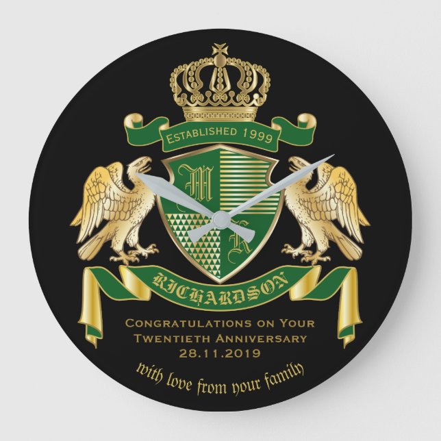 Personalised Coat of Arms Green Gold Eagle Emblem Large Clock (Front)