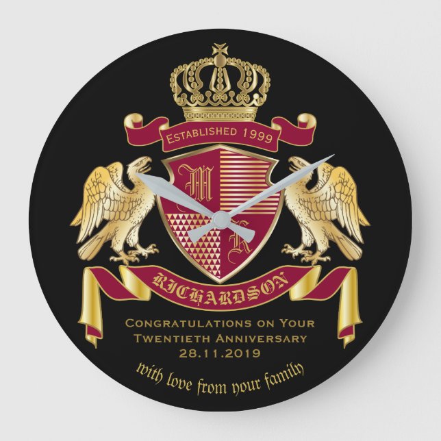 Personalised Coat of Arms Red Gold Eagle Emblem Large Clock (Front)