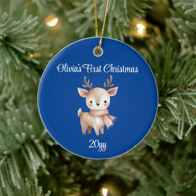 Personalised Cobalt Blue Baby Girl First Christmas Ceramic Ornament (Tree)