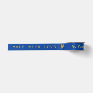 Personalised Cobalt Blue Made With Love Gold Heart Satin Ribbon