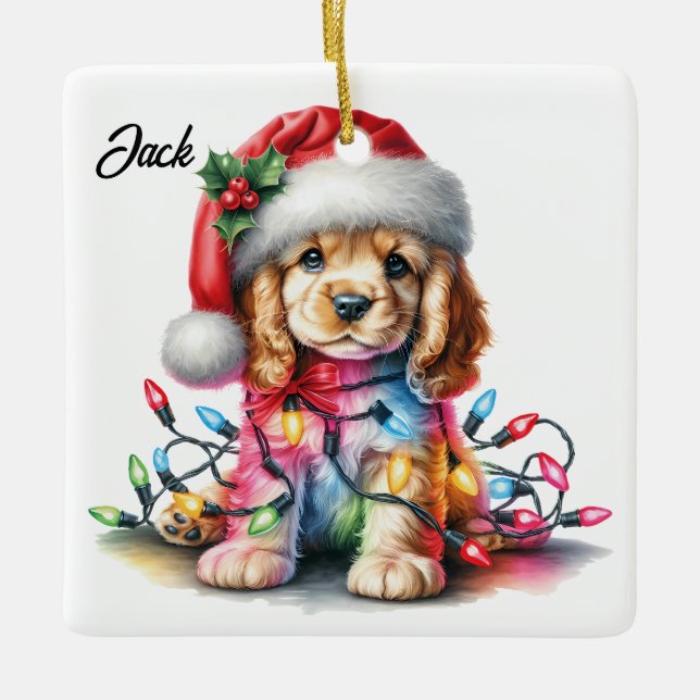 Personalised Cocker Spaniel Santa Christmas Ceramic Ornament (Front)