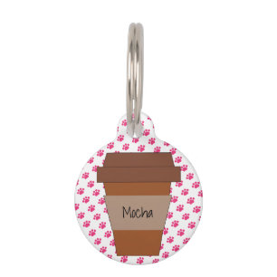 Personalised Coffee Cup on Pink Paw Prints Pet Tag