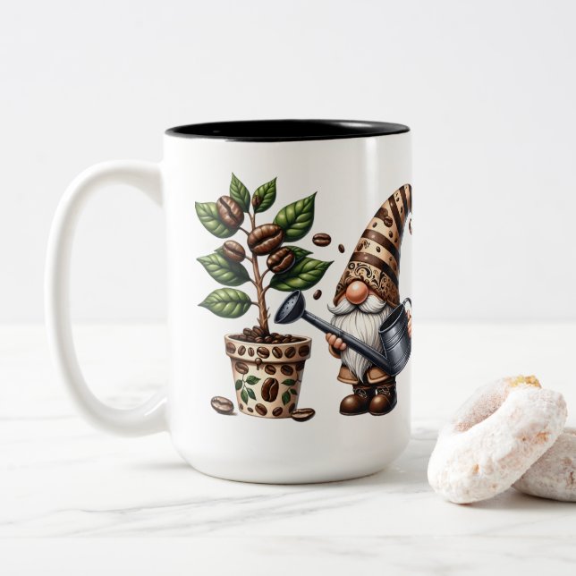 Personalised Coffee Gnome Watering Plant Gift Two-Tone Coffee Mug (With Donut)