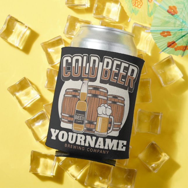 Personalised Cold Beer Oak Barrel Brewery Brewing Can Cooler (In Situ Summer)