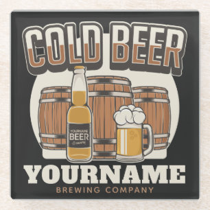 Personalised Cold Beer Oak Barrel Brewery Brewing Glass Coaster