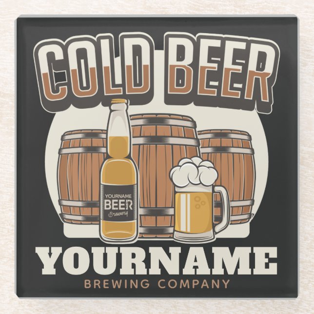 Personalised Cold Beer Oak Barrel Brewery Brewing  Glass Coaster (Front)
