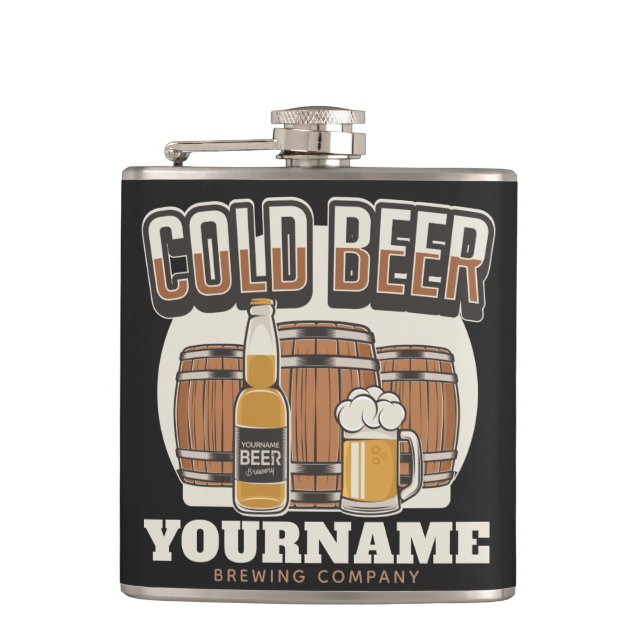 Personalised Cold Beer Oak Barrel Brewery Brewing  Hip Flask (Front)
