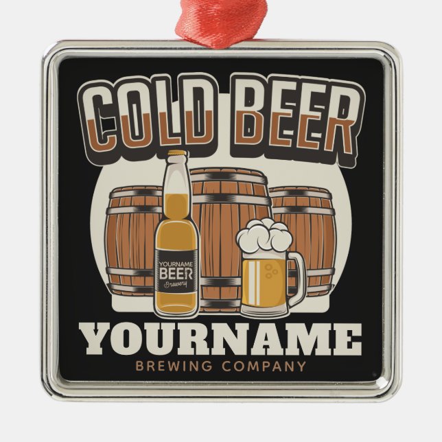 Personalised Cold Beer Oak Barrel Brewery Brewing  Metal Ornament (Front)