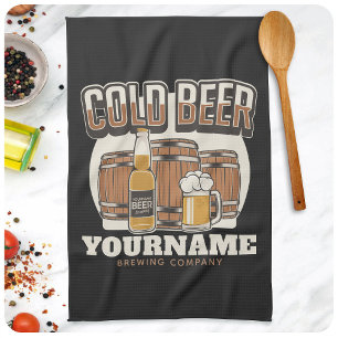Personalised Cold Beer Oak Barrel Brewery Brewing  Tea Towel