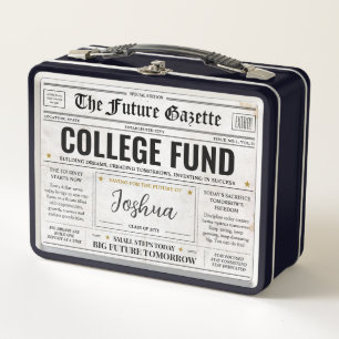 Personalised College Fund Box, Savings Newspaper  Metal Lunch Box