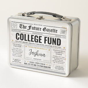 Personalised College Fund Box, Savings Newspaper Metal Lunch Box