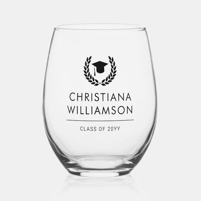 Personalised College Graduation Elegant Stemless Wine Glass (Front)