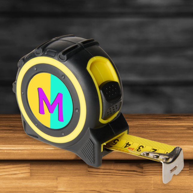 Personalised Colourful Bright Monogram Retro Cool 1 (A monogrammed tape measure with yellow and turquoise color block design and magenta initial)