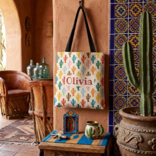 Personalised Colourful Cacti Pattern Tote Bag