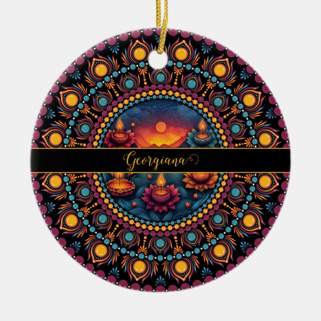 Personalised Colourful Diwali Festival Mandala Ceramic Ornament (Front)