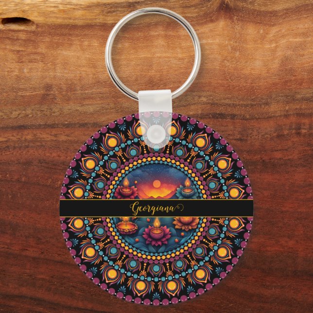 Personalised Colourful Diwali Festival Mandala Key Ring (Front)